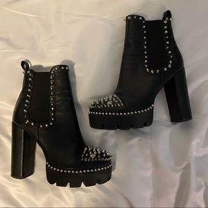 Black Platform Heeled Boots with Silver Spikes